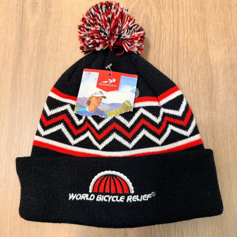 Headsweats World‎ Bicycle Relief Beanie Black Red Zigzag Pom Performance Hat NEW